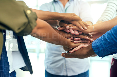Buy stock photo Team, hands together and commitment of staff with collaboration, support and community. Diversity, worker friends and group with achievement, solidarity and agreement hand sign for teamwork success