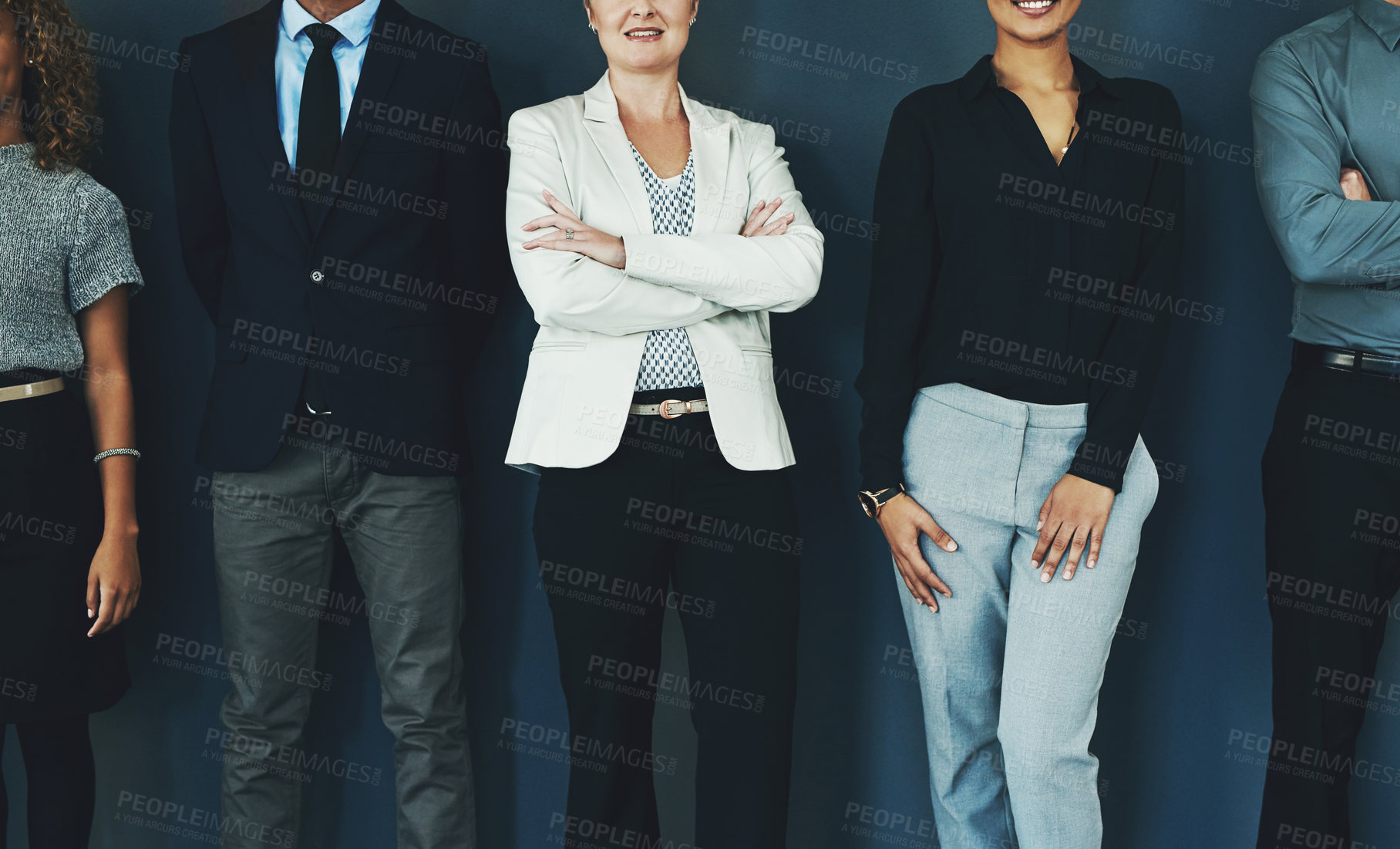 Buy stock photo Business people, arms crossed and hands by wall in team, row and together with solidarity in modern office. Women, men and professional fashion with group, synergy and connection at insurance company