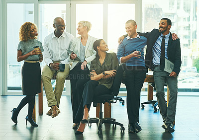Buy stock photo Teamwork, support and diversity with business people in office for team building, community and happy. Smile, collaboration and solidarity with group of friends for mission, commitment and mindset