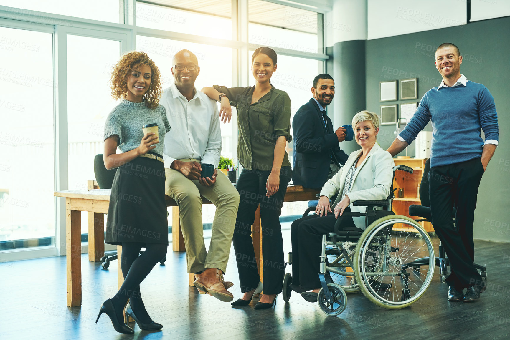 Buy stock photo Inclusion, diversity and portrait of business people in office for teamwork, support and happy. Smile, collaboration and inclusive with group of employees for mission, commitment and mindset