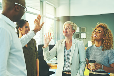 Buy stock photo High five, happy and motivation with business people in office for success, winner and agreement. Support, goals and target with group of employees for teamwork, collaboration and solidarity