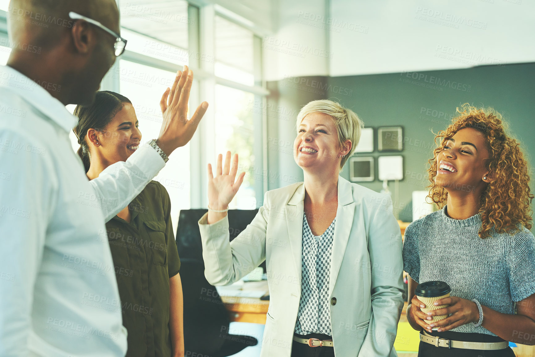 Buy stock photo High five, happy and motivation with business people in office for success, winner and agreement. Support, goals and target with group of employees for teamwork, collaboration and solidarity