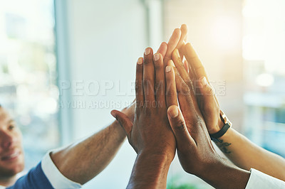 Buy stock photo High five, hands and success with business people in office for motivation, winner and agreement. Support, goals and target with closeup of employees for teamwork, collaboration and solidarity