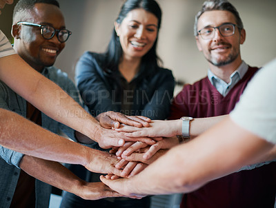 Buy stock photo Employees, hands and pile in huddle for cooperation, teamwork and diversity in company mission. Business people, stack and circle for motivation with goals, solidarity and workforce collaboration