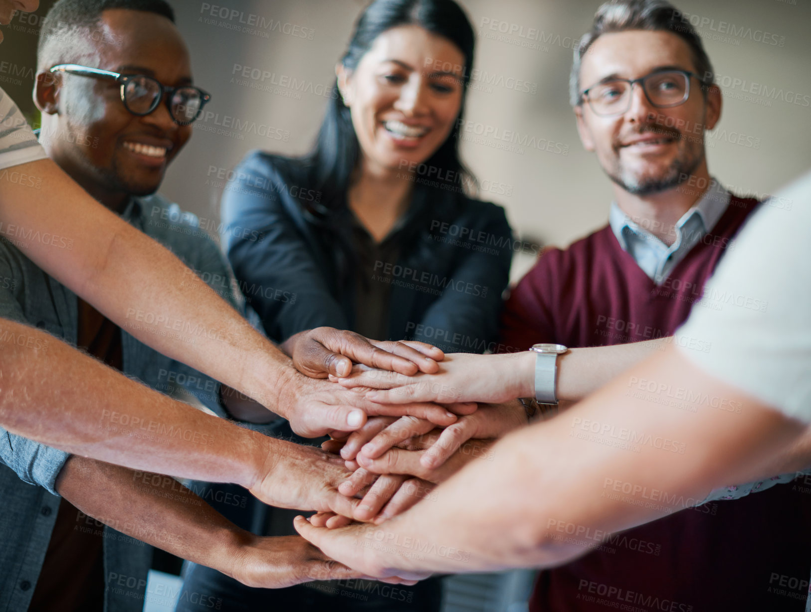 Buy stock photo Employees, hands and pile in huddle for cooperation, teamwork and diversity in company mission. Business people, stack and circle for motivation with goals, solidarity and workforce collaboration