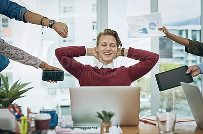 Buy stock photo Man, multitasking and relax in office with hands, staff and documents for deadline at startup. Person, business and calm with paperwork, charts and happy for time management with reading on laptop