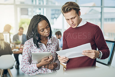 Buy stock photo Collaboration, documents and planning with web development people in office for social media analytics. Conversation, data and tablet with business team in workplace for information discussion