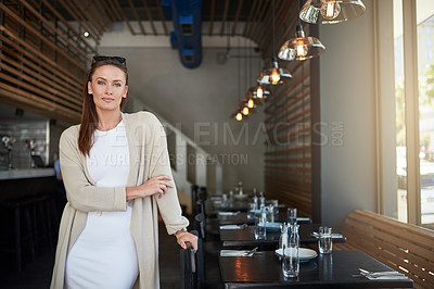 Buy stock photo Portrait of a young entrepreneur standing in a cafe