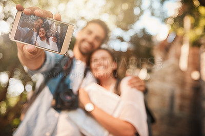 Buy stock photo Phone screen, couple and selfie outdoor for travel and vacation memory or happiness. Tourist man and woman happy about adventure, journey or holiday photo with freedom, love and care in nature