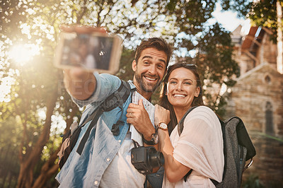 Buy stock photo Couple, tourist and selfie outdoor travel in a city with holiday memory and happiness. Happy man and woman together for adventure, social media or vacation photo and freedom with love and care