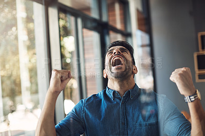 Buy stock photo Celebrating, winning and excited businessman with fist pump gesture and yes expression feeling excited. Young, happy male entrepreneur with cheering emotion to celebrate win or great business success