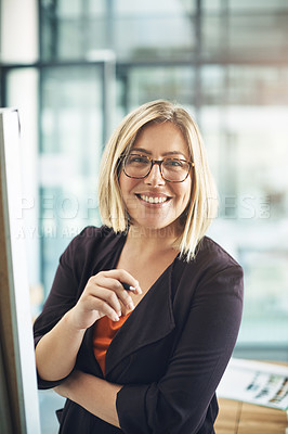Buy stock photo Happy, professional and corporate business woman writing creative ideas, taking notes and brainstorming alone in an office at work. Portrait of a smiling employee planning and designing a strategy