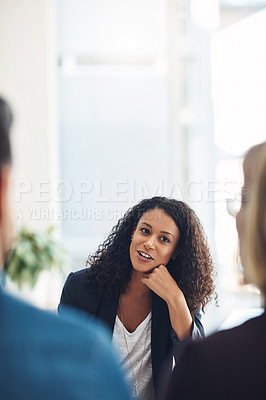 Buy stock photo Talking psychologist counseling a couple in routine marriage therapy in a clinic. Curious, confident and young mental healthcare professional helping husband and wife communicate