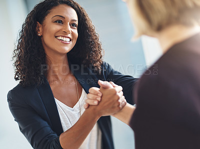 Buy stock photo Happy and diverse corporate business women giving handshake, welcoming to company and greeting in the morning at work. Professional worker, employee or smiling female getting promotion from manager