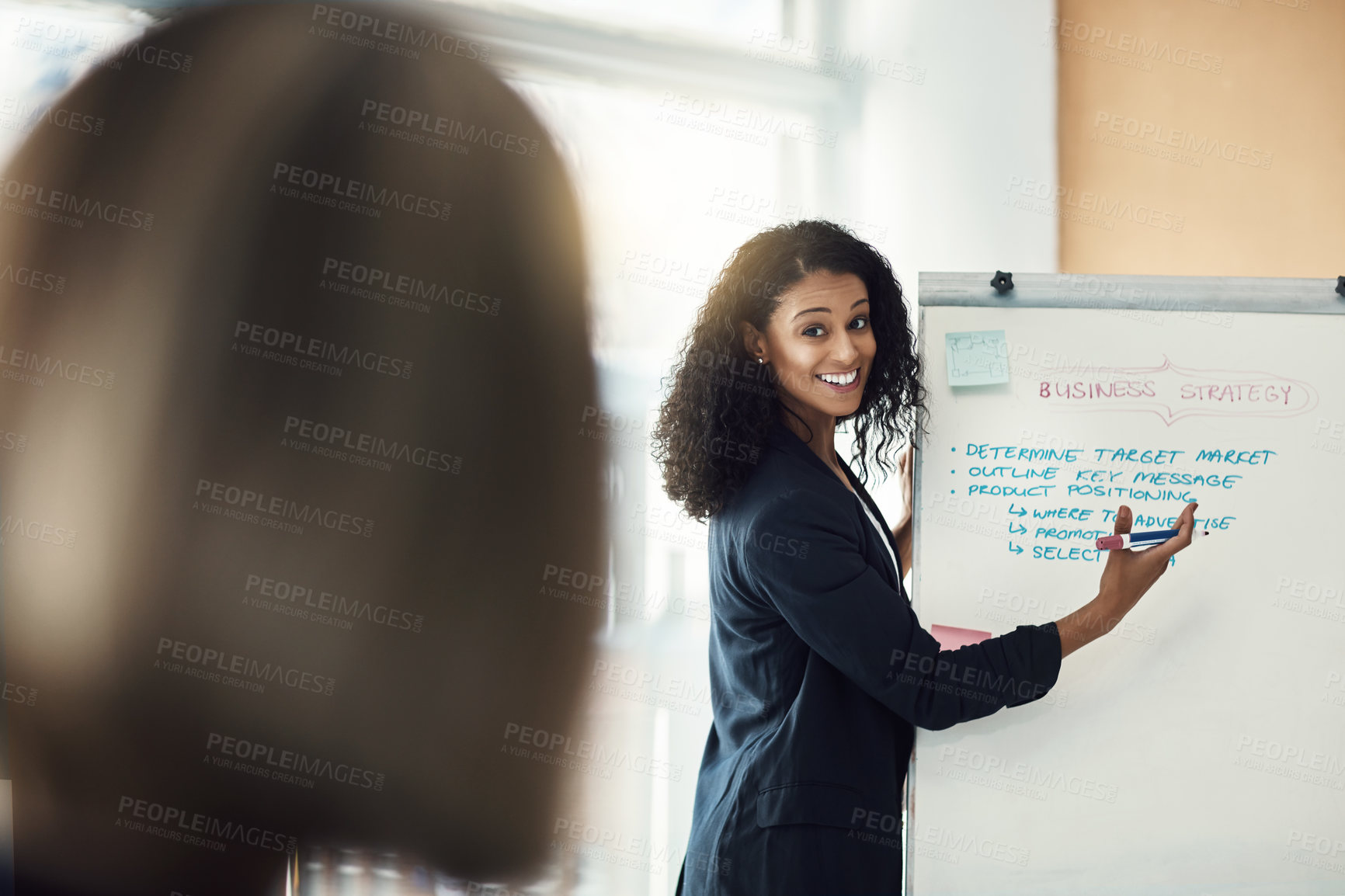 Buy stock photo Presentation board, meeting and happy woman explain sales pitch, brainstorming ideas or planning business strategy. Audience, smile and boss giving proposal, office report or client investment plan