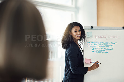 Buy stock photo Presentation board, workshop meeting and happy woman training, coaching or teaching audience, worker or agency. Communication, info and business leader, speaker or person smile for seminar discussion