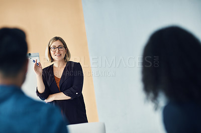 Buy stock photo Presentation meeting, seminar speech and woman talking, discussion or communication with investment clients. Event presenter, speaker and female business leader speaking to listening conference group
