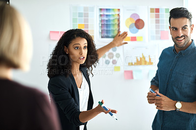 Buy stock photo Presentation board, meeting and diversity business people planning, teamwork or brainstorming creative design. Designer, agency collaboration and cooperation team explain color choice, plan or ideas