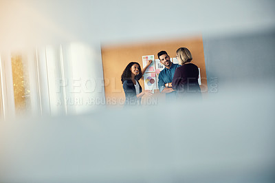 Buy stock photo Presentation wall, manager and team explain creative design ideas, entrepreneurship plan or research report to CEO. Group teamwork, planning meeting and business woman listening to proposal idea