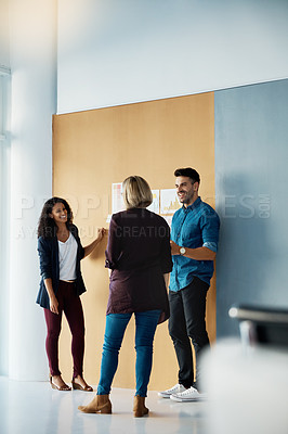 Buy stock photo Presentation wall, boss and happy people explain startup brand ideas, professional plan or project proposal to team leader. Group teamwork, happiness or business designer satisfied with growth report