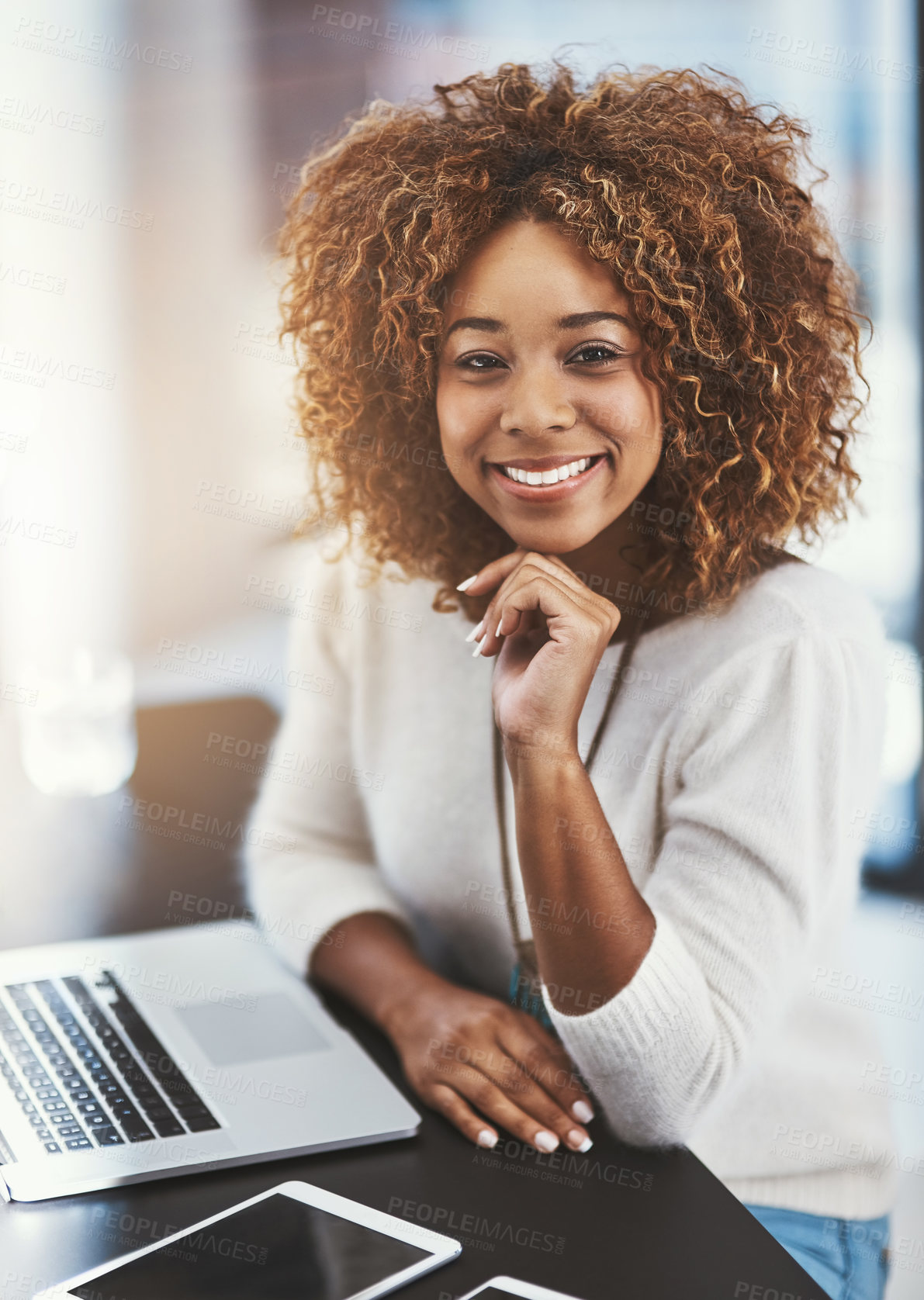 Buy stock photo Smile, portrait and black woman with laptop, office and notes for copywriting, confident and digital. Author, employee and notebook for person, proud and technology for research of website and online