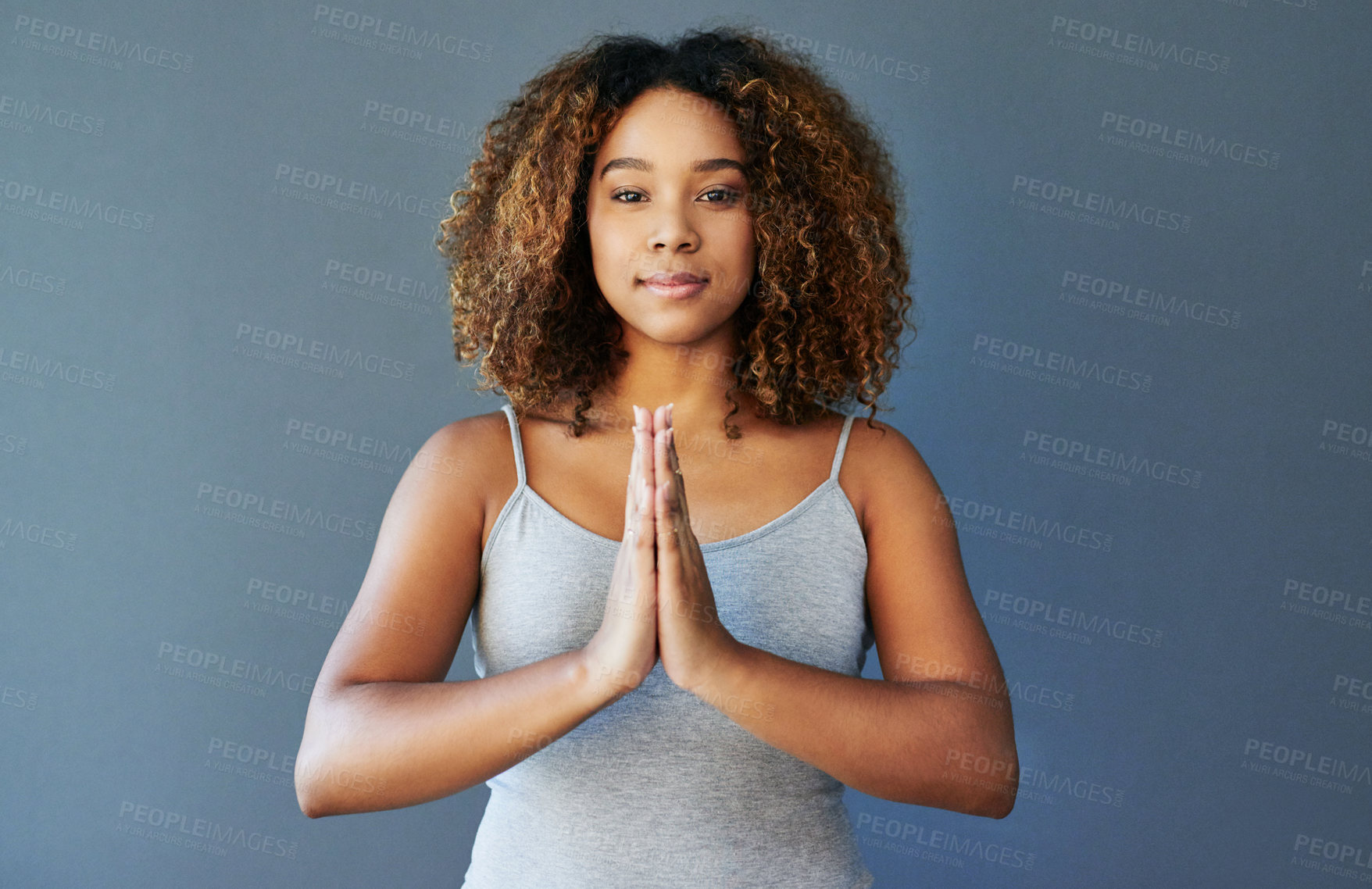 Buy stock photo Fitness, meditation and portrait of woman in studio for health, workout and wellness namaste. Prayer hands, exercise and yoga with female person on background for pilates, zen and mockup space