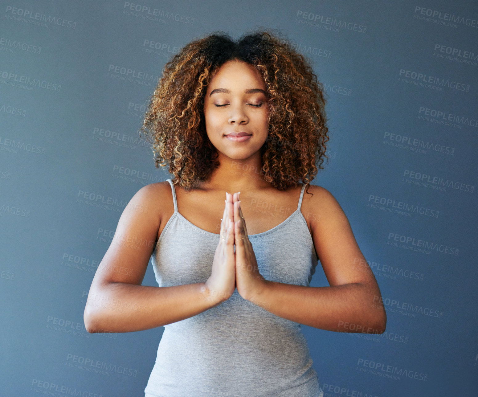 Buy stock photo Peace, meditation and prayer hands with woman in studio for fitness, workout and wellness challenge. Calm, exercise and yoga with female person on background for pilates, zen and mockup space