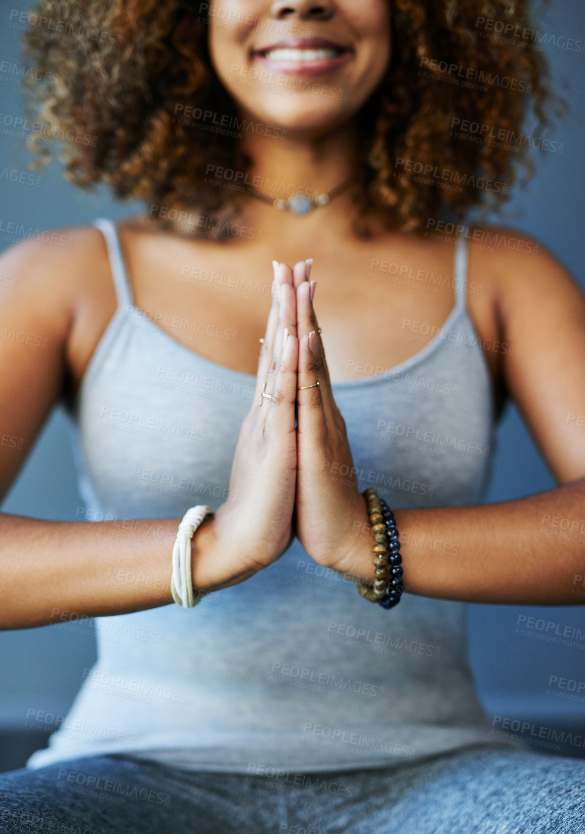 Buy stock photo Yoga, meditation and prayer hands with woman in studio for fitness, workout and wellness challenge. Closeup, health exercise and calm with female person on background for pilates, zen and self care