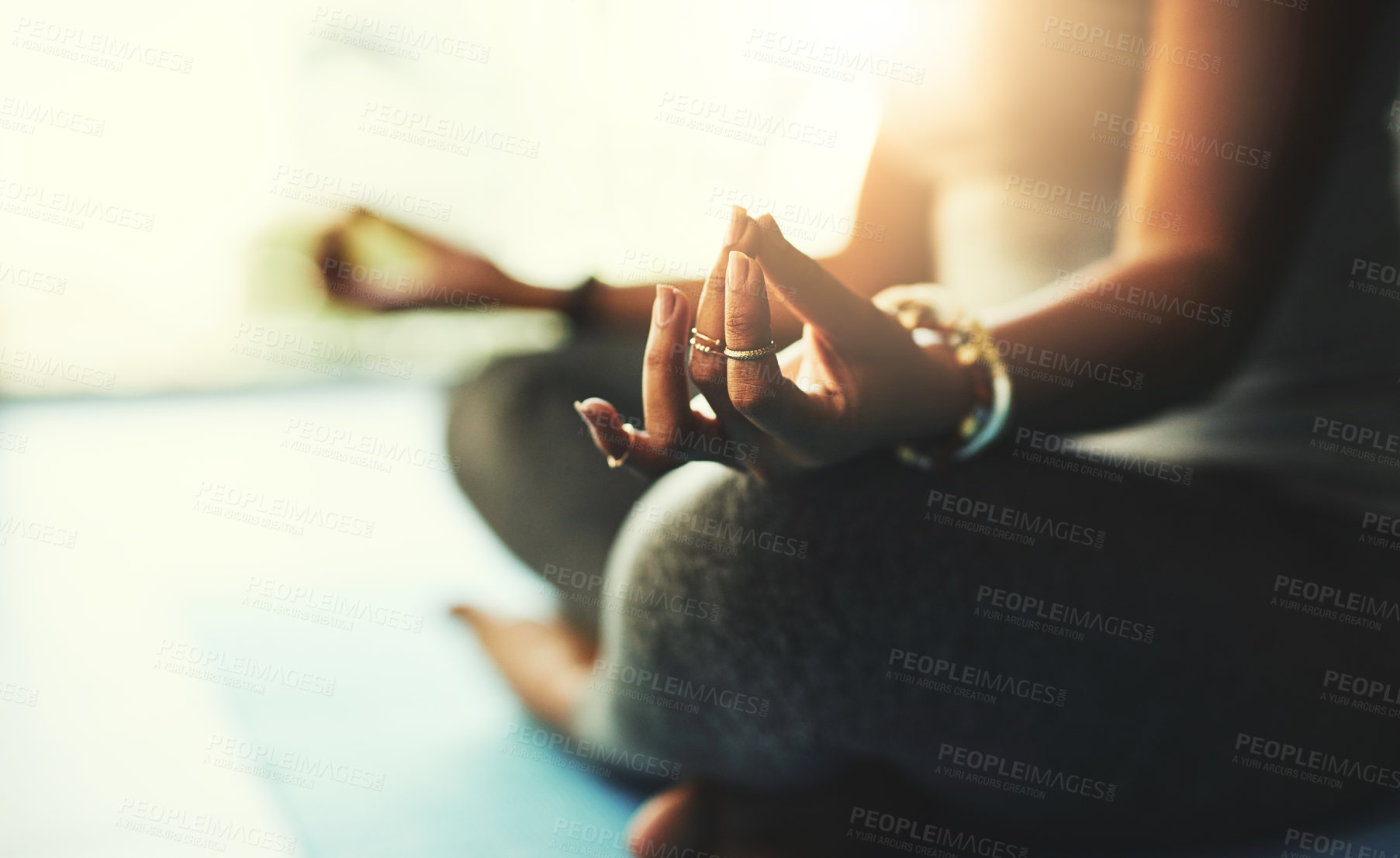 Buy stock photo Meditation, lotus pose and hand of woman on mat at home for mental health, awareness and chakra balance. Floor, person and zen with spiritual healing exercise for holistic, mindfulness and peace