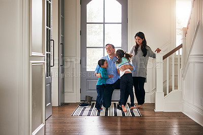 Buy stock photo Hello, front door and parents with children hug in home for greeting, welcome and bonding. Family, happy and mother, father and kids in house embrace for affection, relationship and excited to return