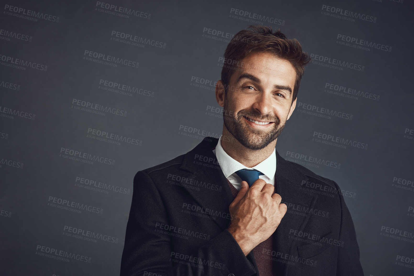 Buy stock photo Portrait, businessman and fashion with confidence, formal wear or positivity on studio background. Male person, style and trendy with pride, satisfied and professional in office clothes as accountant