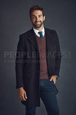 Buy stock photo Business, man and happy for fashion in studio with pride on gray background as lawyer. Male person, portrait and smile with confidence on career growth or opportunity with style, classy and elegant