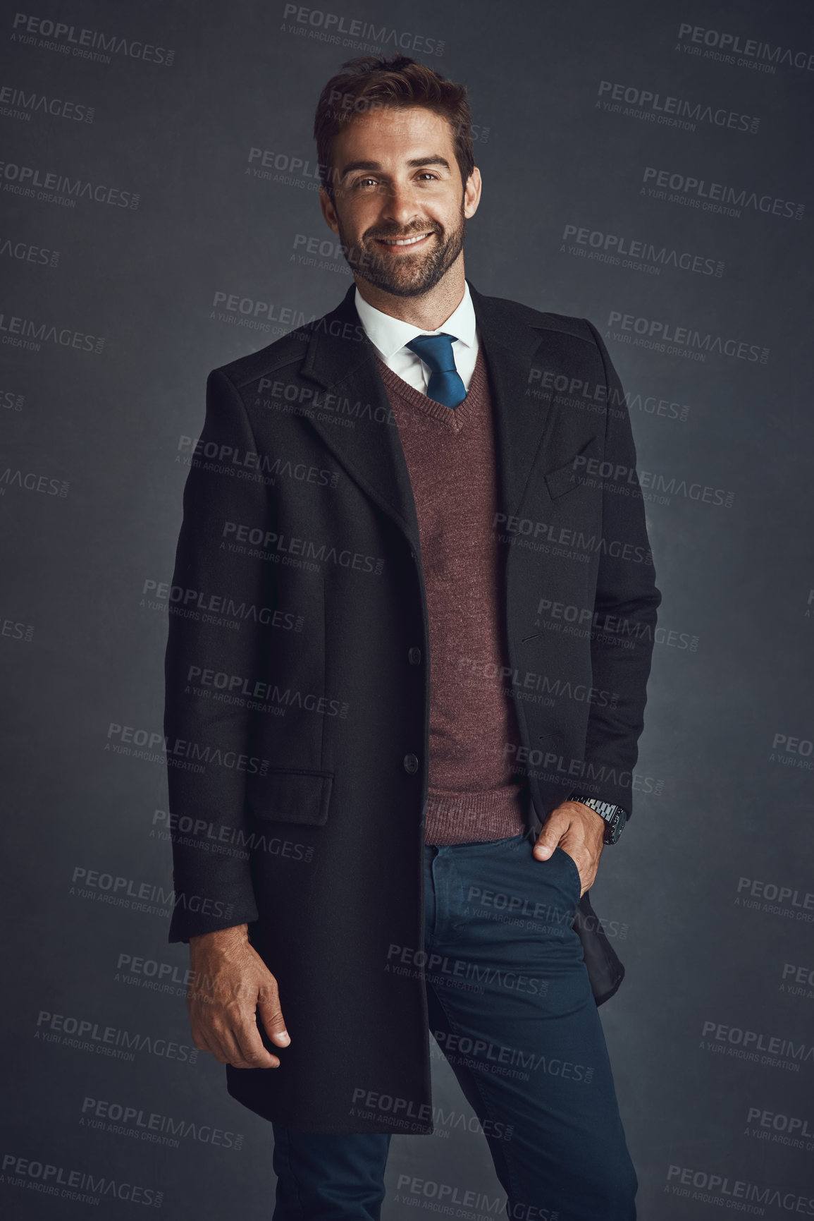 Buy stock photo Business, man and happy for fashion in studio with pride on gray background as lawyer. Male person, portrait and smile with confidence on career growth or opportunity with style, classy and elegant