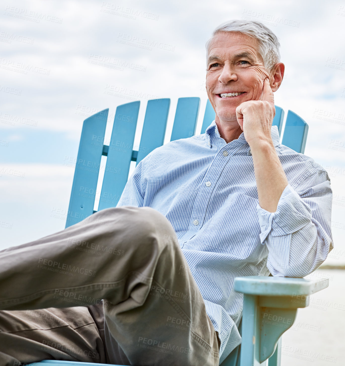 Buy stock photo Morning, smile and vision with old man at lake in nature for holiday, retirement or vacation. Deck chair, relax and thinking with happy senior person outdoor in summer for me time, travel or unwind