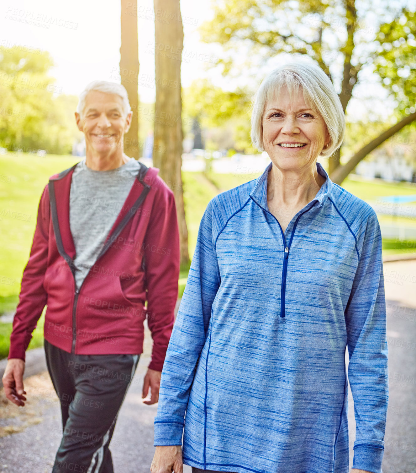 Buy stock photo Cropped shot of an affectionate senior couple taking a walk in the park during the summer