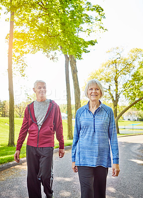 Buy stock photo Cropped shot of an affectionate senior couple taking a walk in the park during the summer