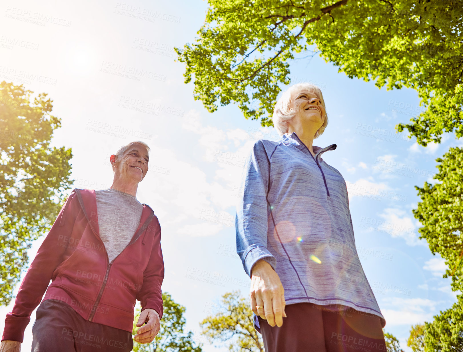 Buy stock photo Elderly couple, walk and life insurance in nature for retirement, security and love in park. Senior woman, man and together for support with leisure, happiness or fitness outdoors in Australia