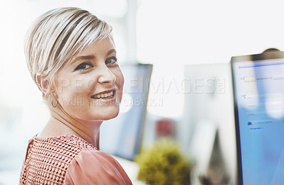 Buy stock photo Woman, employees and happy at office on computer with tasks for editing videos as videographer. Business, female person and smile on portrait for creative content on desk for project and deadline