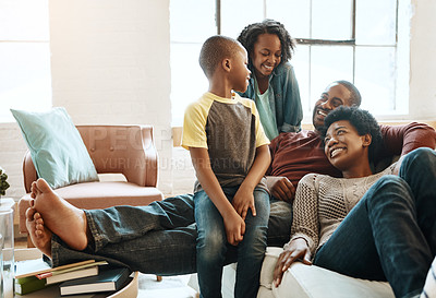 Buy stock photo Black family children, happy parents or relax African people smile together, bond and enjoy quality time. Happiness, love and young youth kids, easy father and mother lounge on home living room sofa