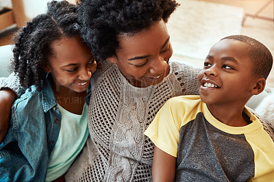 Buy stock photo Love, mother and children embrace sofa for happy family time together to relax in apartment in South Africa. Smile trust and support, black woman and kids sitting on couch with healthy relationship.
