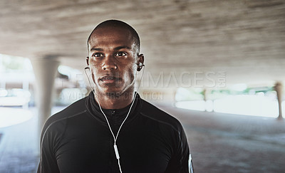 Buy stock photo Man, face and earphones for fitness outdoor with thinking, listening to podcast and exercise for healthy body. Athlete, african person and music with audio, radio and sound for workout and training