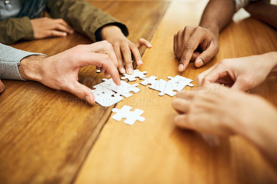 Buy stock photo Puzzle, library and hands of students for teamwork, collaboration and working together. University, support and people with jigsaw for problem solving, challenge and group project in college