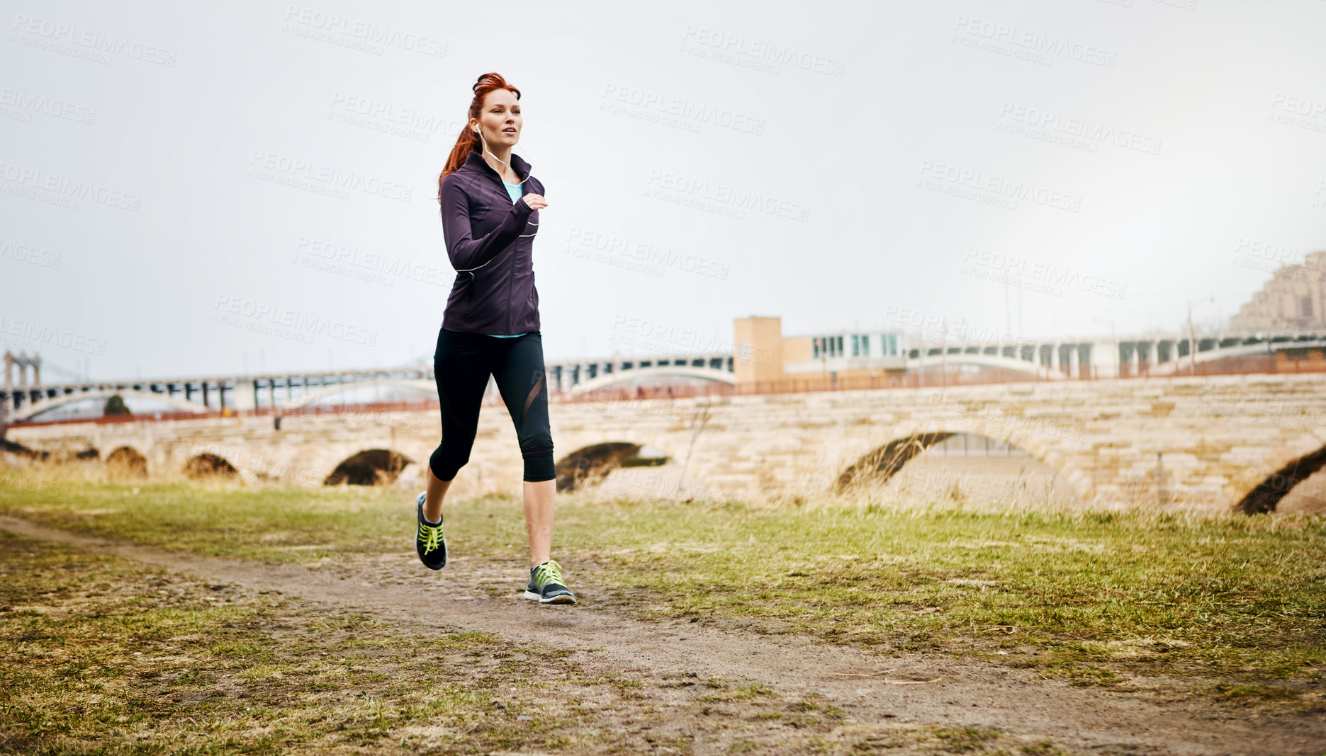 Buy stock photo Speed, woman and running by nature outdoor, endurance and exercise with fitness in Germany. Training, female runner and preparation for marathon, challenge and pace with workout in city by mockup