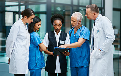 Buy stock photo Planning, clipboard and medical with doctors in hospital for consulting, teamwork and communication. Medicine, healthcare and checklist with group of people for support, review and analysis