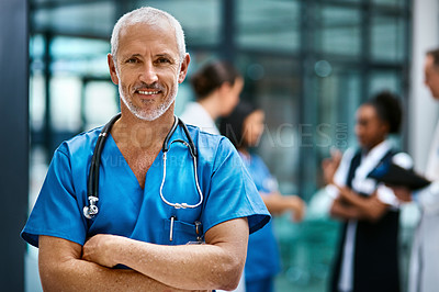Buy stock photo Happiness, portrait of doctor or nurse with mockup in hospital lobby, healthcare and support in medical career. Health care, confidence and medicine, happy man or nursing professional in workplace.