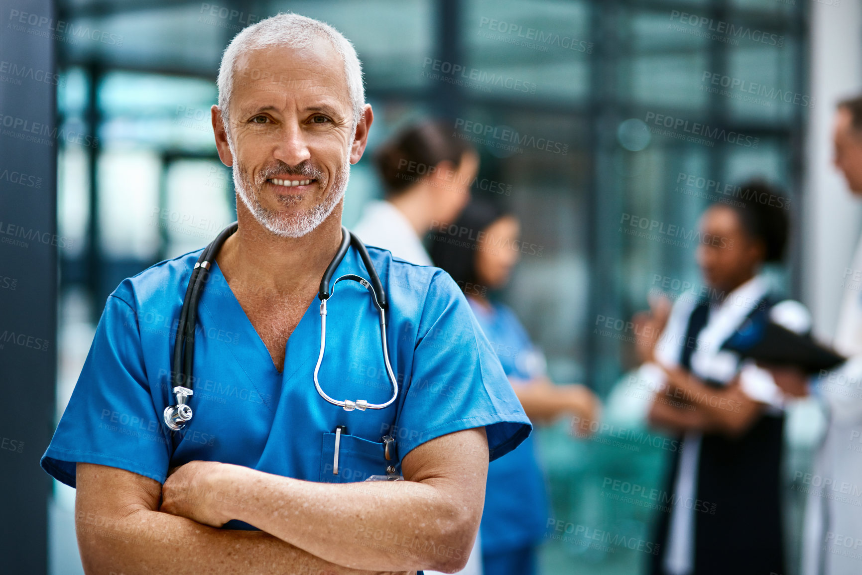 Buy stock photo Happiness, portrait of doctor or nurse with mockup in hospital lobby, healthcare and support in medical career. Health care, confidence and medicine, happy man or nursing professional in workplace.