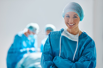 Buy stock photo Surgery, operating room and portrait of woman doctor or nurse in hospital for support and trust in medical work. Health care, wellness and medicine, confident and professional surgeon with smile.