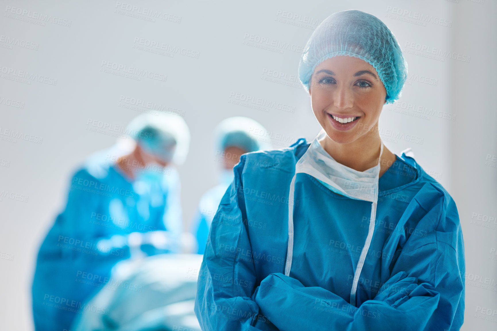 Buy stock photo Surgery, operating room and portrait of woman doctor or nurse in hospital for support and trust in medical work. Health care, wellness and medicine, confident and professional surgeon with smile.