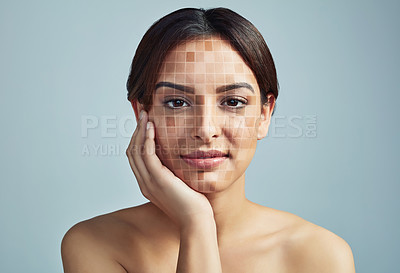 Buy stock photo Portrait, cosmetics and skincare of woman with beauty, glow or grid overlay pattern. Touch face, makeup or model in acne treatment, ai scan and pigmentation for dermatology on blue studio background