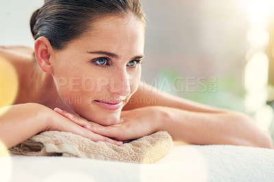 Buy stock photo Face, massage and thinking with happy woman in spa to relax as customer for hospitality or wellness. Holistic, idea and peace with person in luxury hotel or salon for detox, retreat or treatment